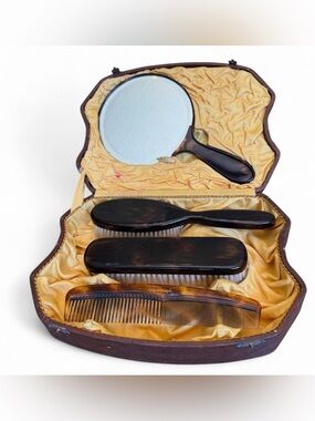 Antique Men's Vanity 4 piece Grooming Set Faux Tortiseshell Finish